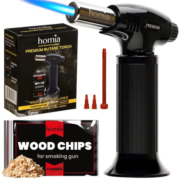 Butane Torch  Refillable Kitchen Torch Lighter Adjustable Flame for Smokers Smoking Guns with Wood Chips bag icnluded  Fit All Butane Tanks with Adapters included  (Butane Gas Is Not Included)