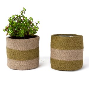 Jute Planter Basket Woven Jute Rope Covers for Decorating Indoor Outdoor Succulents Small Plant Pots Set of 2 Multi Purpose Storage Bins 4.5 Inches Modern Style Décor Olive & Natural