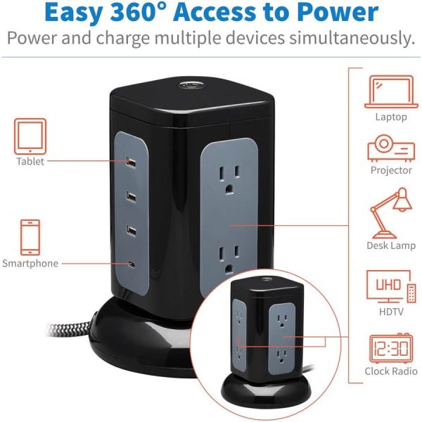 Eaton Tripp Lite Series 6-Outlet Surge Protector Tower, 3x USB-A, 1x USB-C, 8 ft. Cord, 5-15P Plug, 1800 Joules, Black - Image 4