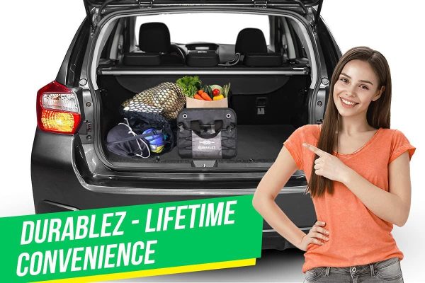 Trunk Organizer with Covering Net Attachable Non Slip Pads and Stainless Hooks Two Shades of Gray - Image 2