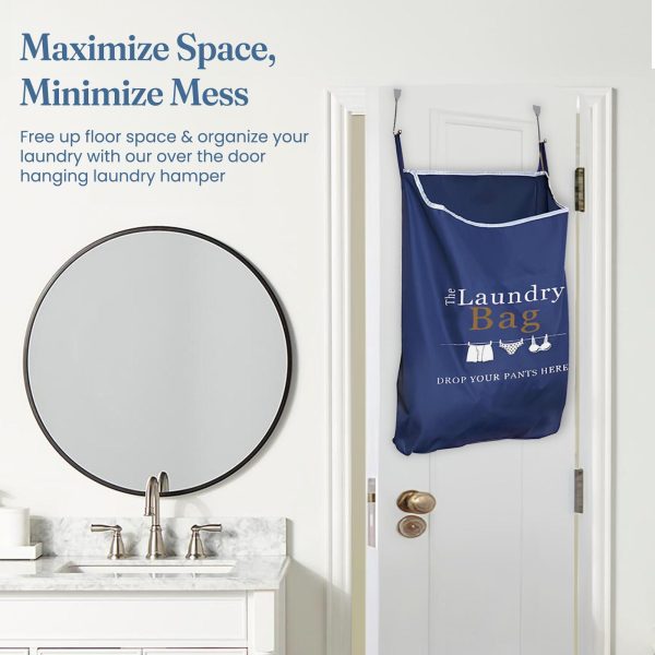 Fine Living Co. Large Hanging Laundry Hamper with Over Door Hooks & Adhesive Durable Space Saving Laundry Bag with Zipper and Wide Open Top Hanging Dorm Laundry Hamper (Navy Blue with Print XL) - Image 3