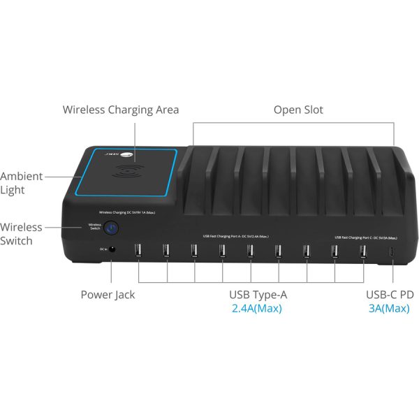 SIIG 10-Port USB-A/C & Wireless Charging Station With Ambient Light Deck - Image 5