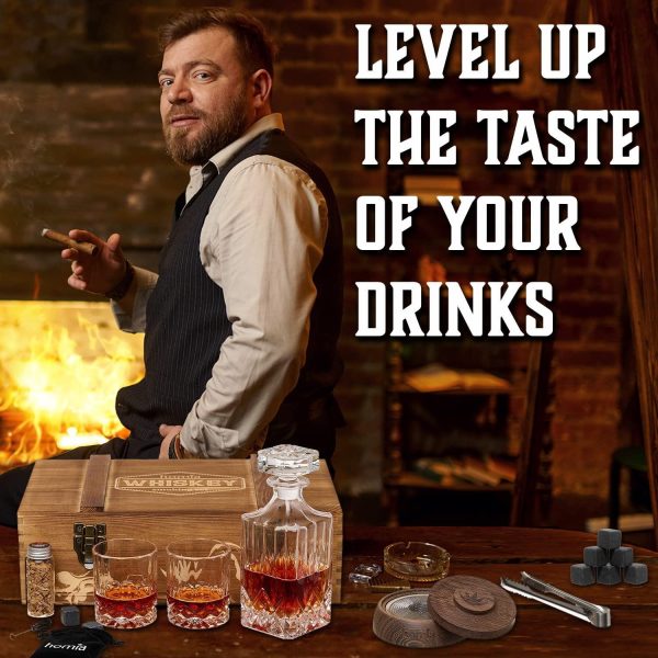 Whiskey Gift Set 14 pcs  Whiskey Bottle and Old Fashioned Glasses  2 pcs Cocktail Smoker in Wodden Box with Wood Chips Whickey Stones 6 pcs Included  Gift for Men (Torch Not Included) - Image 6