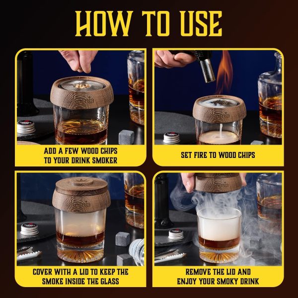 homia Whiskey Gift Set 14 pcs  Whiskey Bottle and Old Fashioned Glasses  2 pcs Cocktail Smoker in Wodden Box with Wood Chips Whickey Stones 6 pcs included  Gift for Men (Torch Not included) - Image 6