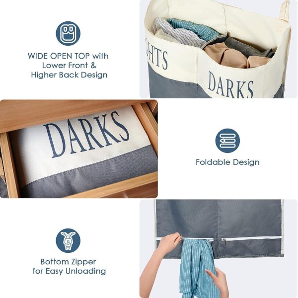 The Fine Living Co. X Large Two Compartments Hanging Laundry Hamper with Over Door Hooks Durable Space Saving Laundry Bag Storage with Bottom Zipper Wide Open Top Dark Light Compartment(25 x10 x31 ) - Image 2