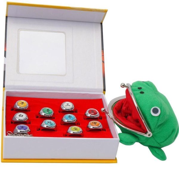 Naruto Akatsuki Rings 10pcs Set With Green Frog Wallet and Chain Cosplay Itachi Sharingan Box Hidden Leaf Village Anime - Image 3