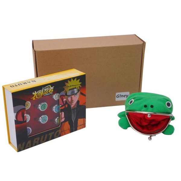 Naruto Akatsuki Rings 10pcs Set With Green Frog Wallet and Chain Cosplay Itachi Sharingan Box Hidden Leaf Village Anime - Image 5