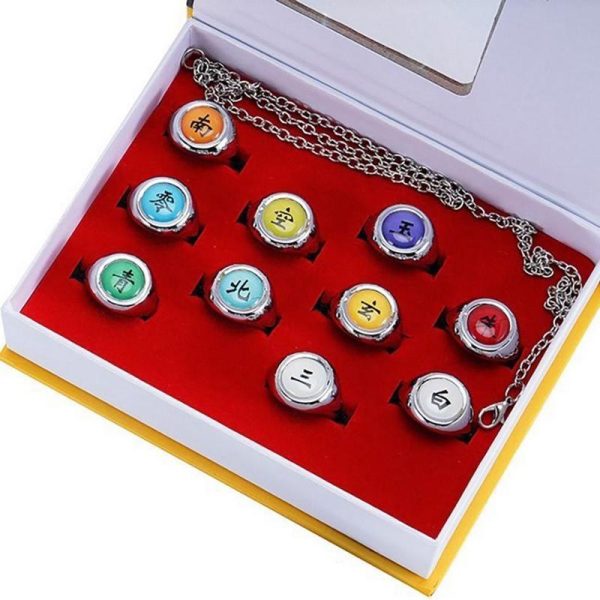 Naruto Akatsuki Rings 10pcs Set With Green Frog Wallet and Chain Cosplay Itachi Sharingan Box Hidden Leaf Village Anime - Image 41