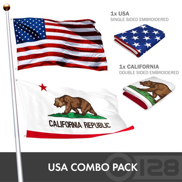 G128 Combo Pack: USA American Flag & California CA State Flag 4x6 Ft Double Sided Embroidered Polyester, Indoor/Outdoor, Brass Grommets - Image 2