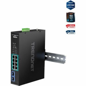TRENDnet 10-Port Industrial Gigabit PoE+ Switch, WideTemperature Range -20&deg; - 65&deg;C (-4&deg; - 149&deg;F), DIN Rail Switch, 50-55V DC, 8 x Gigabit PoE+ Ports, 2 x Gigabit SFP Slots, TI-PGM102, Black