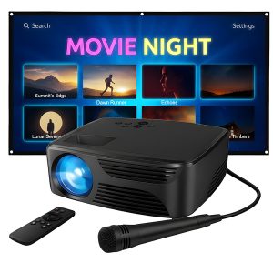 Karaoke USA KPROJ720013M All-in-1 720p Mini Bluetooth Projector Set with Screen, Karaoke Microphone, and Remote
