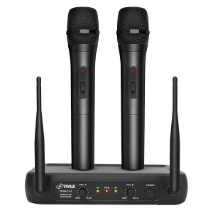 Pyle PDWM2135 VHF Dual-Channel Fixed-Frequency Wireless Microphone System with 2 Handheld Microphones, Adjustable Volume, PDWM2135
