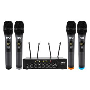 Pyle PDWM4120 Home and Office UHF 50-Channel Wireless Microphone System with 4 Handheld Microphones, Bluetooth Input, Adjustable Volume, PDWM4120