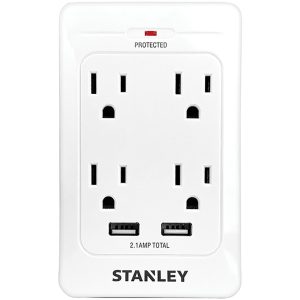 STANLEY 33202 4-AC Outlet and 2-USB Port 1,080-Joules SurgeQuad Surge Protector Wall Tap, 33202