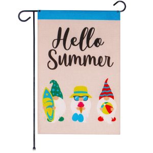 G128 Garden Flag Hello Summer Three Beach-Ready Gnomes 12"x18" Burlap Fabric