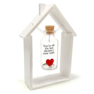 Anniversary Gift for Her & Him Romantic Present for Boyfriend Girlfriend Custom Message I Love You Gifts to Wife Husband (Heart in Big Bottle   You're Still The Best Decision In White Wood Frame)