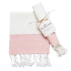The Fine Living Co. Turkish Hand Towels   Set of 2 | 100% Cotton   Kitchen and Bathroom Hand Towels | Decorative Hand Towels for Bath Guest Face Hair Tea Dishcloth | 40”x18” (White & red)