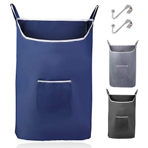 Fine Living Co. Large Hanging Laundry Hamper with Over Door Hooks & Adhesive Durable Space Saving Laundry Bag with Zipper and Wide Open Top Hanging Dorm Laundry Hamper (Navy Blue XL)
