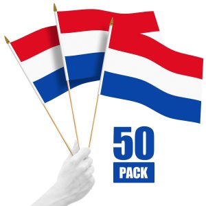 G128 50 Pack Handheld Netherlands Dutch Stick Flags | 12x18 In | Printed 150D Polyester, Country Flag, Solid Wooden Stick, Spear Gold Tip