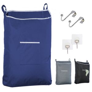 Fine Living Large Hanging Laundry Hamper with Over Door Hooks & Adhesive Durable Space Saving Laundry Bag with Zipper and Wide Open Top Hanging Dorm Laundry Hamper 18 x4.75 x28  (Navy Blue L)