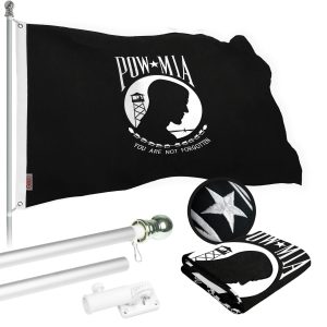 G128 Flag Pole 5 FT Silver Tangle Free & POW MIA Flag Emb 2x3 FT Combo Embroidered Spun Polyester