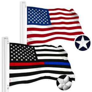 G128 Combo Pack: USA American Flag & Thin Blue/Red Line Flag 2.5x4 Ft Embroidered Spun Polyester, Indoor/Outdoor, Brass Grommets, Police and First Responder Flag