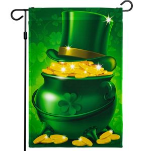G128 - St Patrick's Day Garden Flag, St Patrick's Themed Decorations - Pot of Gold and Hat,  | 12x18 Inch | Printed 150D Polyester - Rustic Holiday Seasonal Outdoor Flag