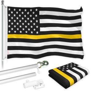 G128 Combo Pack: Flag Pole 6 FT Silver Tangle Free & Thin Yellow Line Flag 3x5 FT Brass Grommets Printed Polyester (Flag Included) Aluminum Flag Pole