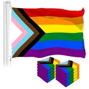 G128 10 Pack: LGBT Progress Rainbow Pride Flag | 3x5 Ft | LiteWeave Pro Series Printed 150D Polyester | Indoor/Outdoor, Vibrant Colors, Brass Grommets, Thicker and More Durable Than 100D 75D Polyester