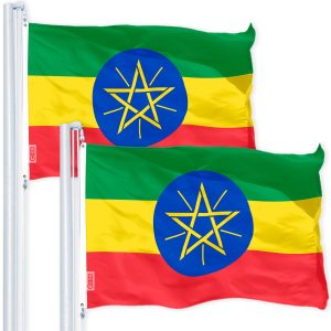 G128 2 Pack: Ethiopia (Ethiopian) Flag | 3x5 feet | Printed 150D Indoor/Outdoor, Vibrant Colors, Brass Grommets, Quality Polyester, Much Thicker More Durable Than 100D 75D Polyester