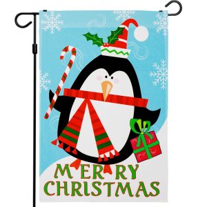 G128 - Christmas Garden Flag, Christmas and Winter Themed Decorations - Merry Christmas Penguin with Candy Cane,  | 12x18 Inch | Printed 150D Polyester - Rustic Holiday Seasonal Outdoor Flag