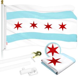 G128 Flag Pole 5 FT White Tangle Free & Chicago Flag 2x3 FT Combo Embroidered 300D Polyester