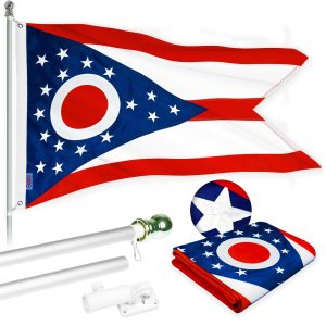 G128 Combo Pack: 5 Ft Tangle Free Aluminum Spinning Flagpole (Silver) & Ohio OH State Flag 2.5x4 Ft, ToughWeave Series Embroidered 300D Polyester | Pole with Flag Included