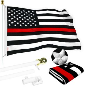 G128 - 6 Feet Tangle Free Spinning Flagpole (White) Thin Red Line Flag Brass Grommets Spun Polyester 3x5 ft (Flag Included) Aluminum Flag Pole