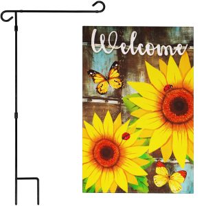G128 Combo Pack: Garden Flag Stand Black 36 in x 16 in & Garden Flag Summer Decoration Welcome Sunflowers and Butterflies 12"x18" Double-Sided Blockout Fabric