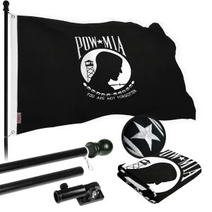 G128 Flag Pole 5 FT Black Tangle Free & POW MIA Flag Emb 2.5x4 FT Combo Embroidered Spun Polyester