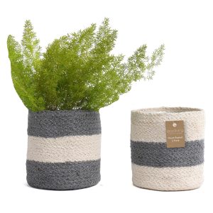 Jute Planter Basket Woven Jute Rope Covers for Decorating Indoor Outdoor Succulents Small Plant Pots Set of 2 Multi Purpose Storage Bins 6.5 Inches   Modern Style Décor   Gray & White