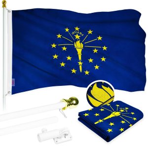 G128 - 6 Feet Tangle Free Spinning Flagpole (White) Indiana Flag Brass Grommets Embroidered 3x5 ft (Flag Included) Aluminum Flag Pole