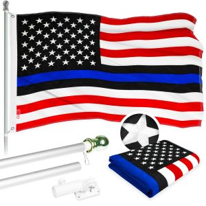 G128 - 5 Feet Tangle Free Spinning Flagpole (Silver) Blue Lives Matter Flag Brass Grommets Embroidered 2x3 ft (Flag Included) Aluminum Flag Pole