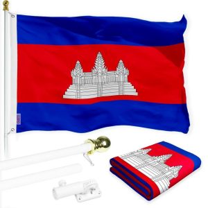 G128 Combo Pack: 6 Ft Tangle Free Spinning Flagpole (White) & Cambodia Flag 3x5 Ft Printed 150D Polyester, Brass Grommets (Flag Included) Aluminum Flag Pole