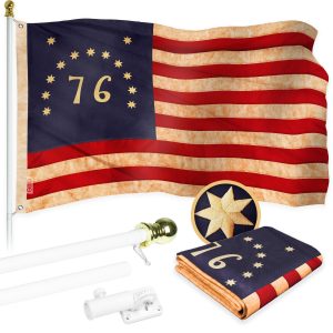 G128 Combo Pack: 5 Ft Tangle Free Aluminum Spinning Flagpole (White) & Bennington 76 Tea-Stained Flag 2x3 Ft, ToughWeave Pro Series Embroidered 420D Polyester | Pole with Flag Included