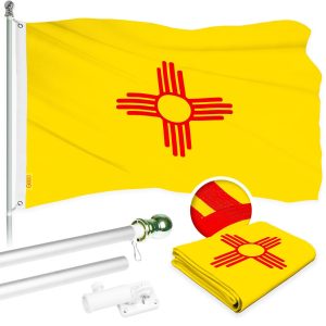 G128 Combo Pack: 5 Ft Tangle Free Aluminum Spinning Flagpole (Silver) & New Mexico NM State Flag 2.5x4 Ft, ToughWeave Series Embroidered 300D Polyester | Pole with Flag Included