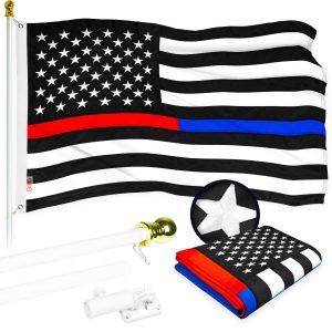 G128 - 6 Feet Tangle Free Spinning Flagpole (White) Thin Blue&Red Flag Brass Grommets Embroidered 3x5 ft (Flag Included) Aluminum Flag Pole