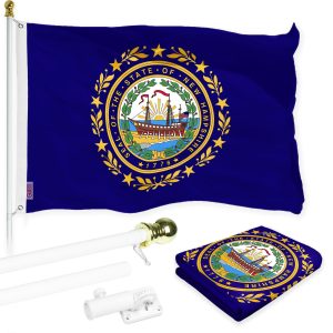 G128 Combo Pack: 6 Ft Tangle Free Spinning Flagpole (White) & New Hampshire Flag 3x5 Ft Printed 150D Polyester, Brass Grommets (Flag Included) Aluminum Flag Pole