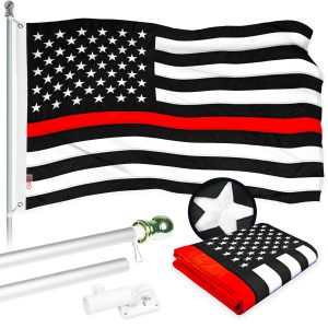 G128 - 6 Feet Tangle Free Spinning Flagpole (Silver) Thin Red Flag Brass Grommets Embroidered 3x5 ft (Flag Included) Aluminum Flag Pole