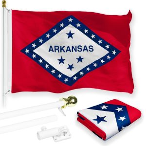 G128 Combo Pack: 6 Feet Tangle Free Spinning Flagpole (White) Arkansas AR State Flag 3x5 ft Printed 150D Brass Grommets (Flag Included) Aluminum Flag Pole