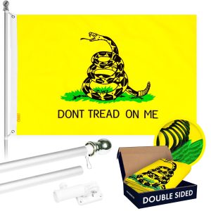 G128 - 5 Feet Tangle Free Spinning Flagpole (Silver) Gadsden Flag Double Sided Brass Grommets Embroidered 2x3 ft (Flag Included) Aluminum Flag Pole