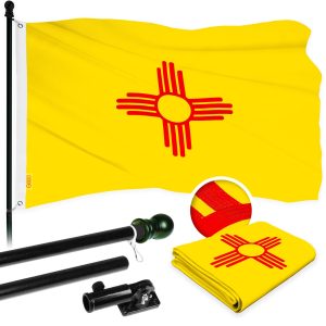 G128 Combo Pack: 5 Ft Tangle Free Aluminum Spinning Flagpole (Black) & New Mexico NM State Flag 2.5x4 Ft, ToughWeave Series Embroidered 300D Polyester | Pole with Flag Included