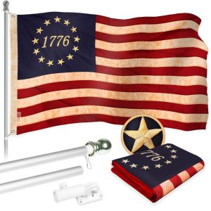 G128 Combo Pack: 5 Ft Tangle Free Aluminum Spinning Flagpole (Silver) & Betsy Ross 1776 Tea-Stained Flag 2.5x4 Ft, ToughWeave Pro Series Embroidered 420D Polyester | Pole with Flag Included
