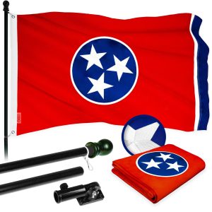 G128 Combo Pack: 5 Ft Tangle Free Aluminum Spinning Flagpole (Black) & Tennessee TN State Flag 2.5x4 Ft, ToughWeave Series Embroidered 300D Polyester | Pole with Flag Included